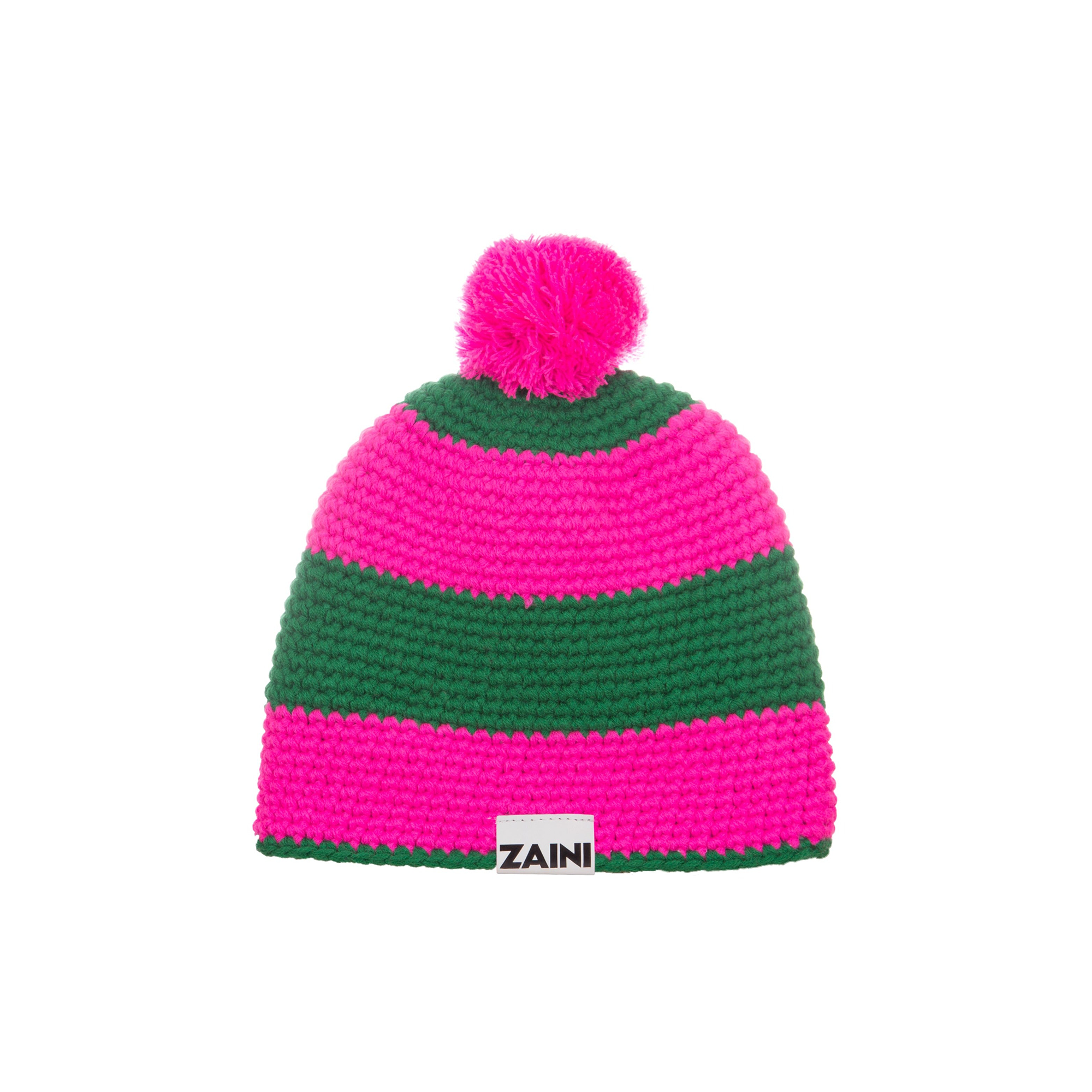 A striped bobble hat in hot pink and green, with a fleece lining, designed for kids.