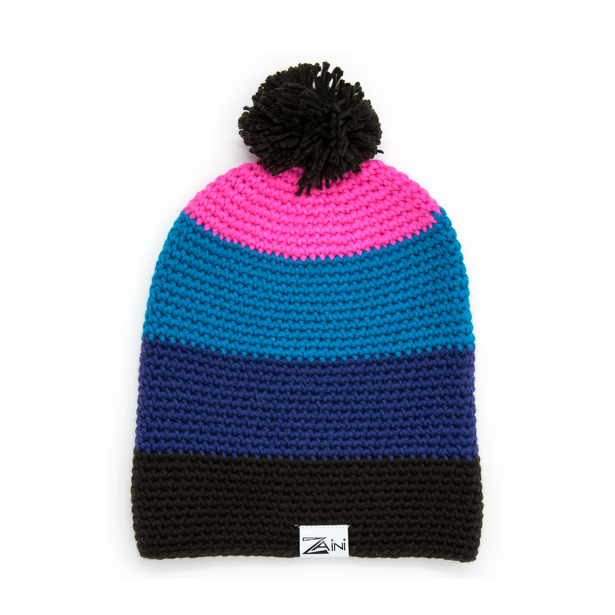 A striped bobble hat with colors pink, blue, purple, and black, featuring a pom-pom on the top.