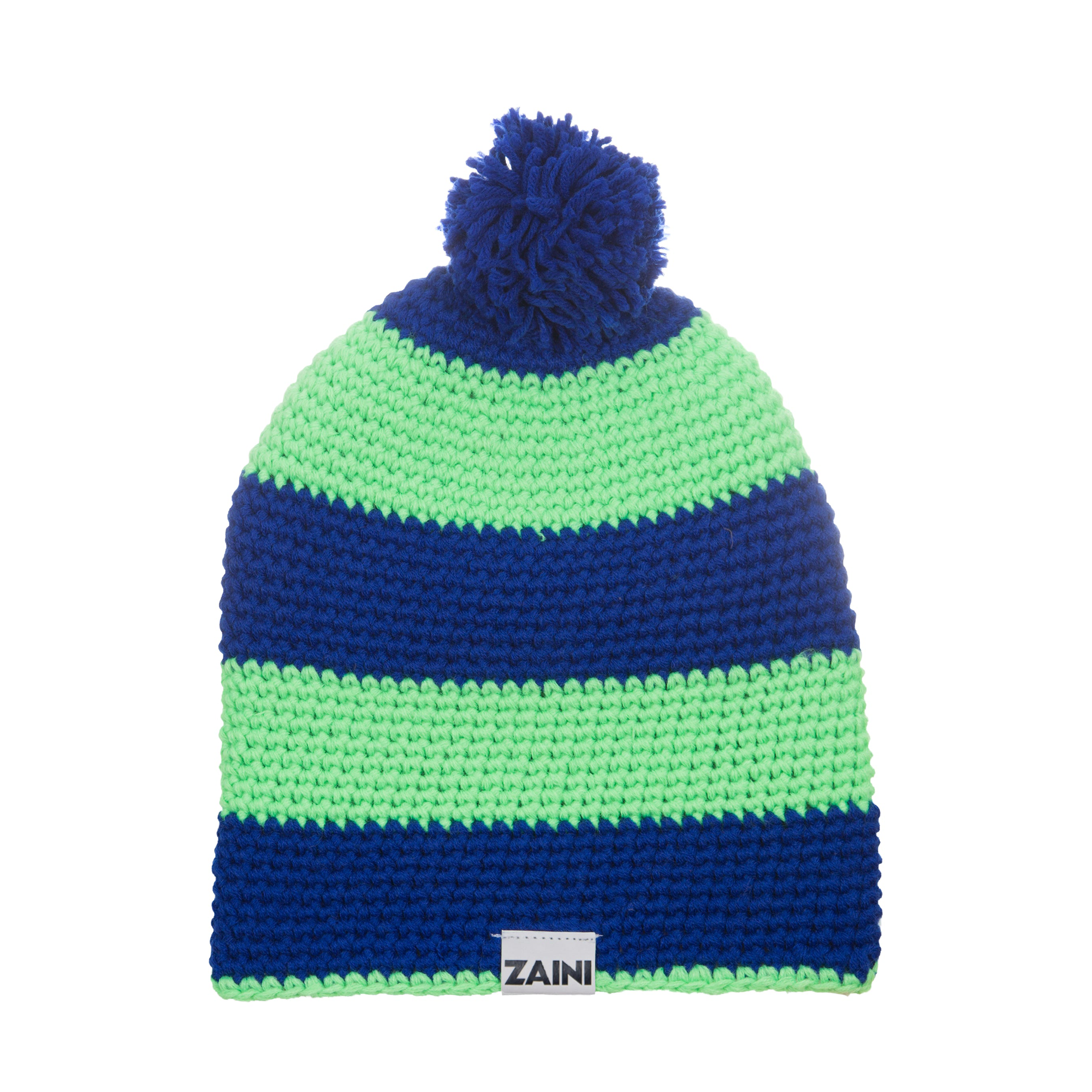 A striped bobble hat with blue and green colors, with a pom-pom on the top and a brand label in the front.