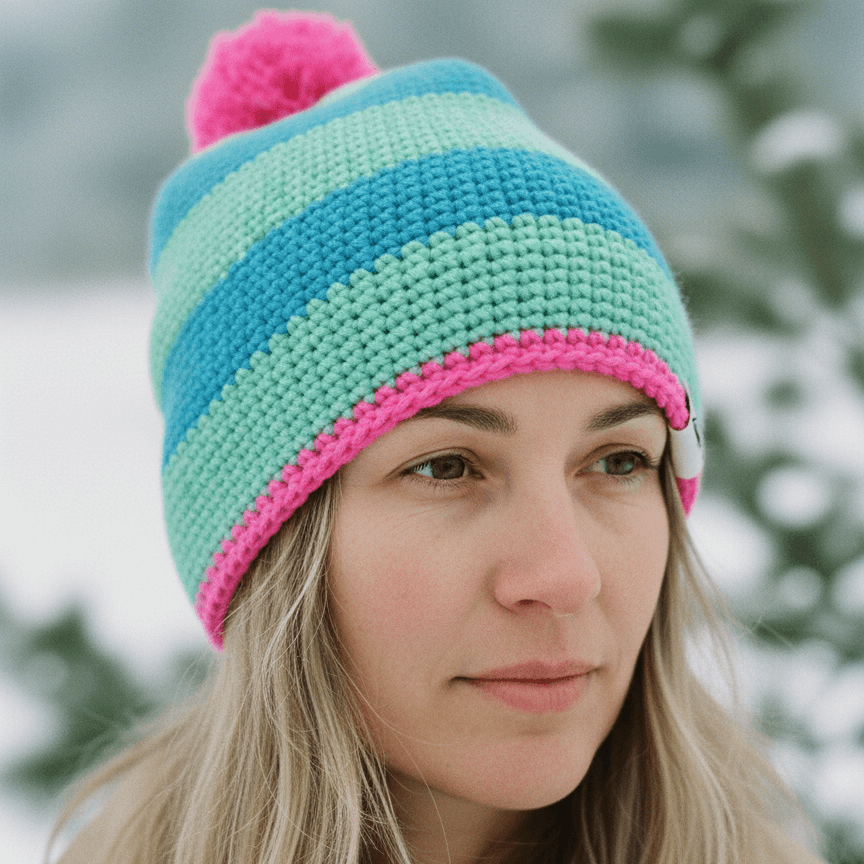 Person wearing a colorful striped beanie with a pom-pom in a snowy landscape