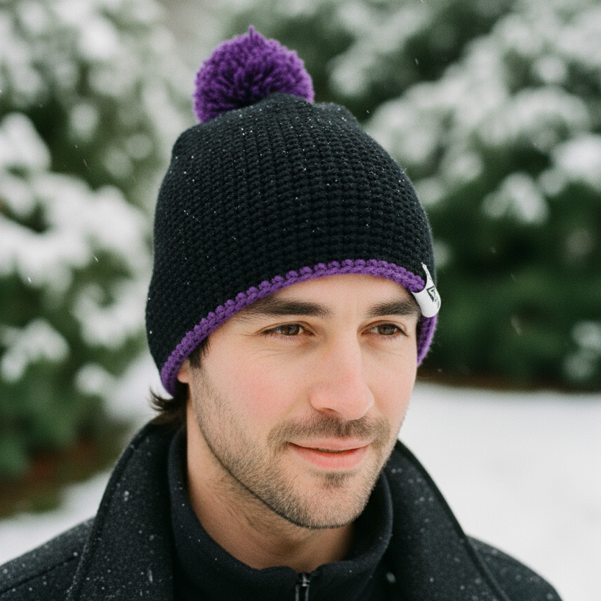 Man wearing a black knit beanie with a purple pom-pom in a snowy outdoor setting