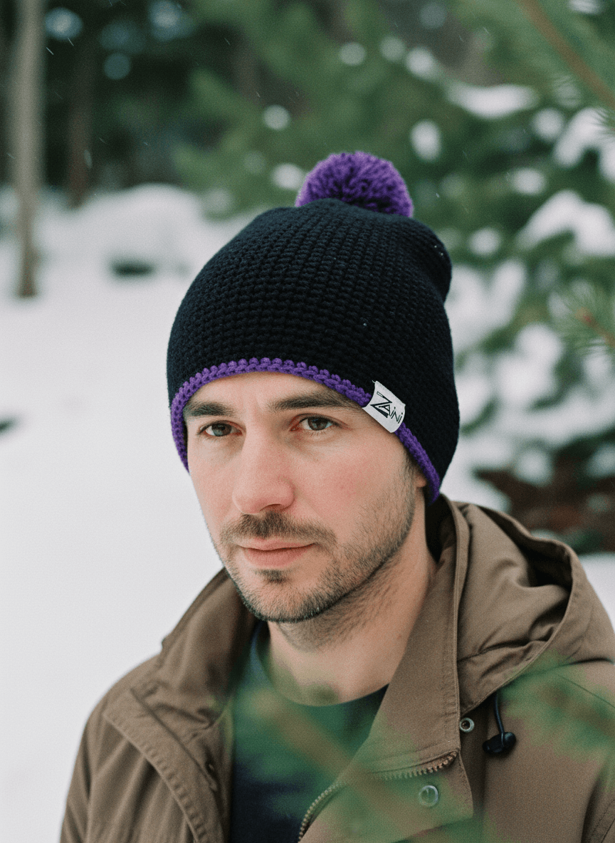 Man wearing a black knit beanie with a purple pom-pom in a snowy outdoor setting