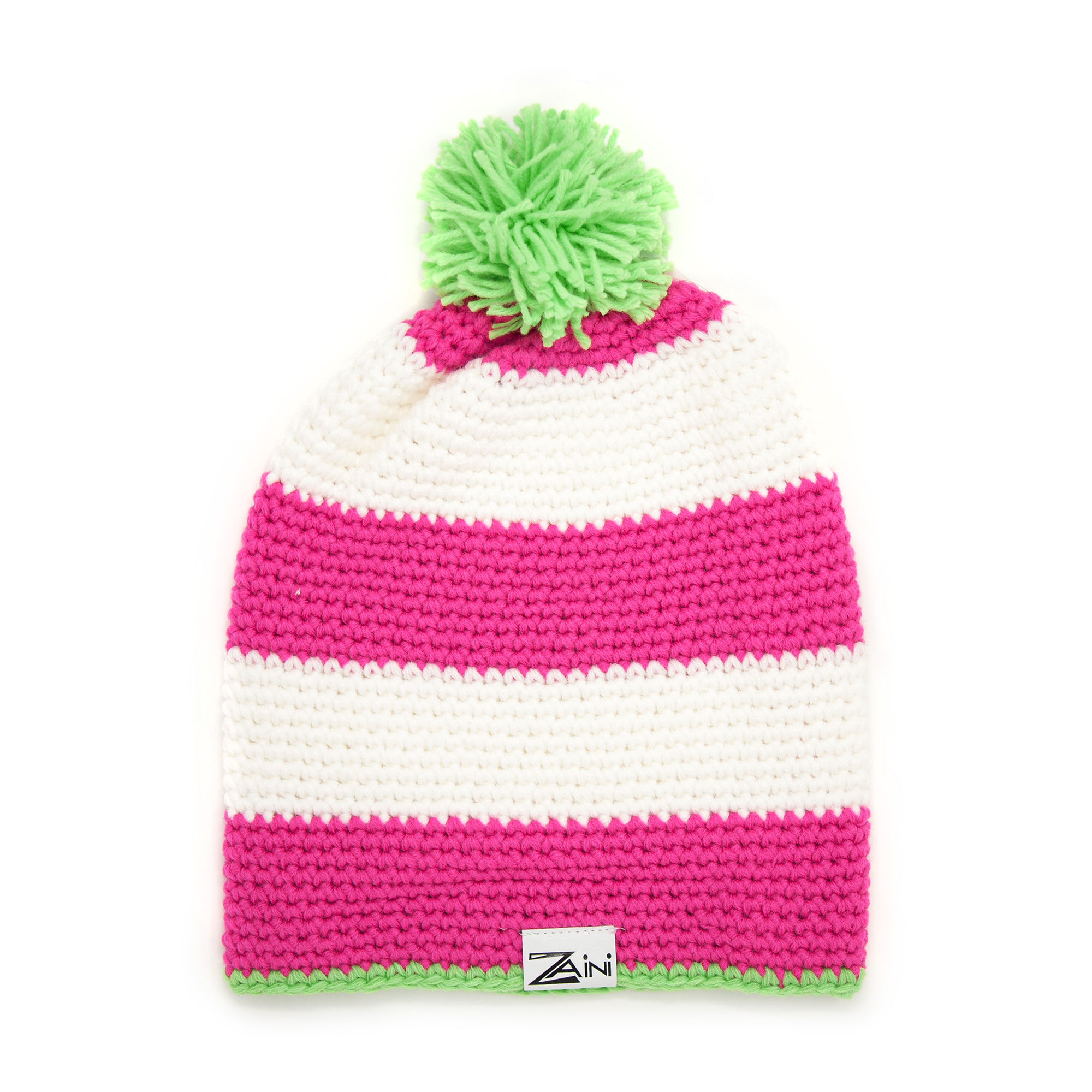 A striped bobble hat with green, pink, and white colors, handmade from soft acrylic, designed for a snug fit.