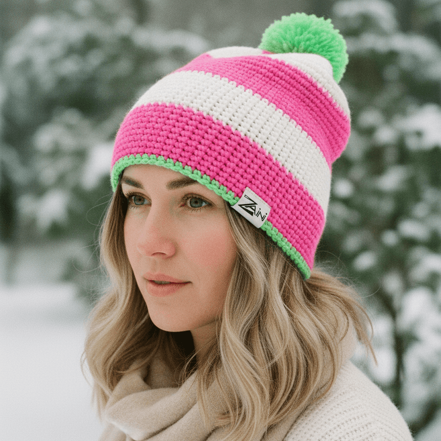 Person wearing a colorful knit hat and scarf in a snowy forest