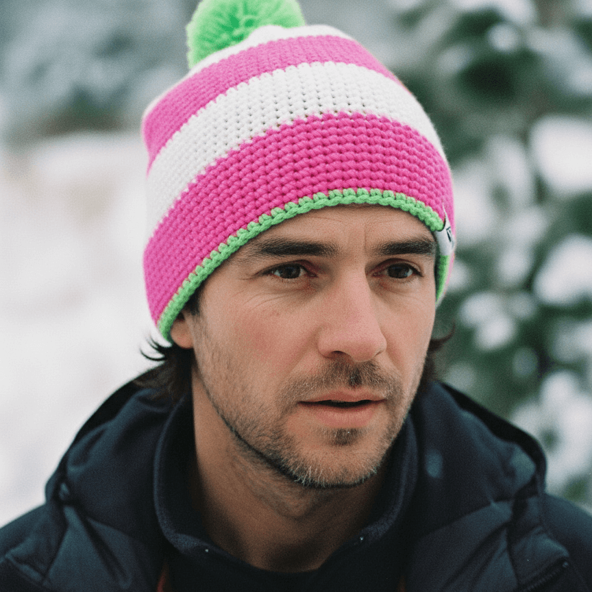 Man wearing a pink and green striped beanie in a snowy outdoor setting