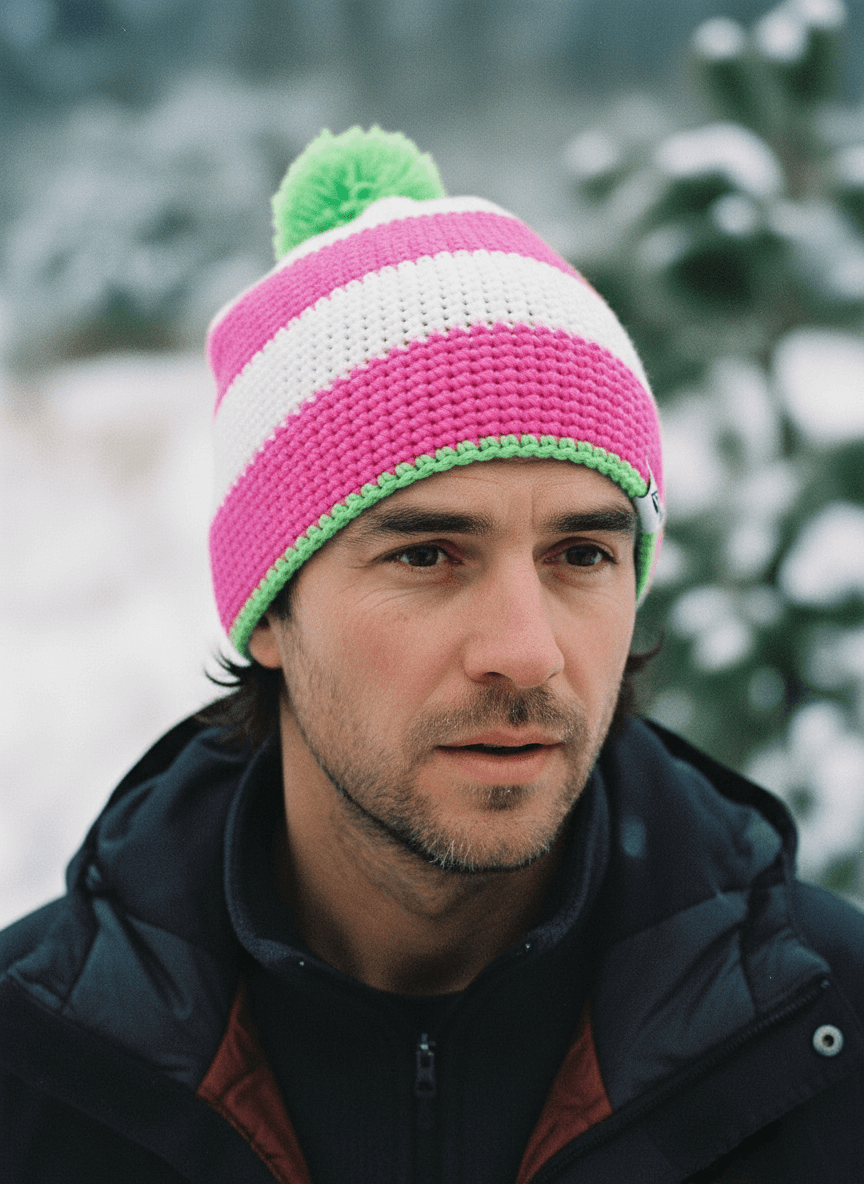Man wearing a pink and green striped beanie in a snowy outdoor setting