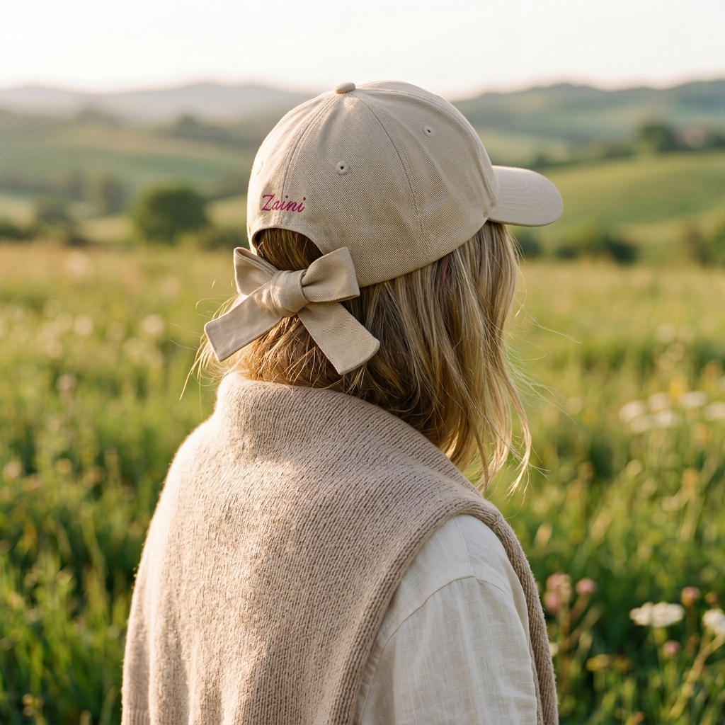 Person wearing a beige cap with a bow in a field
