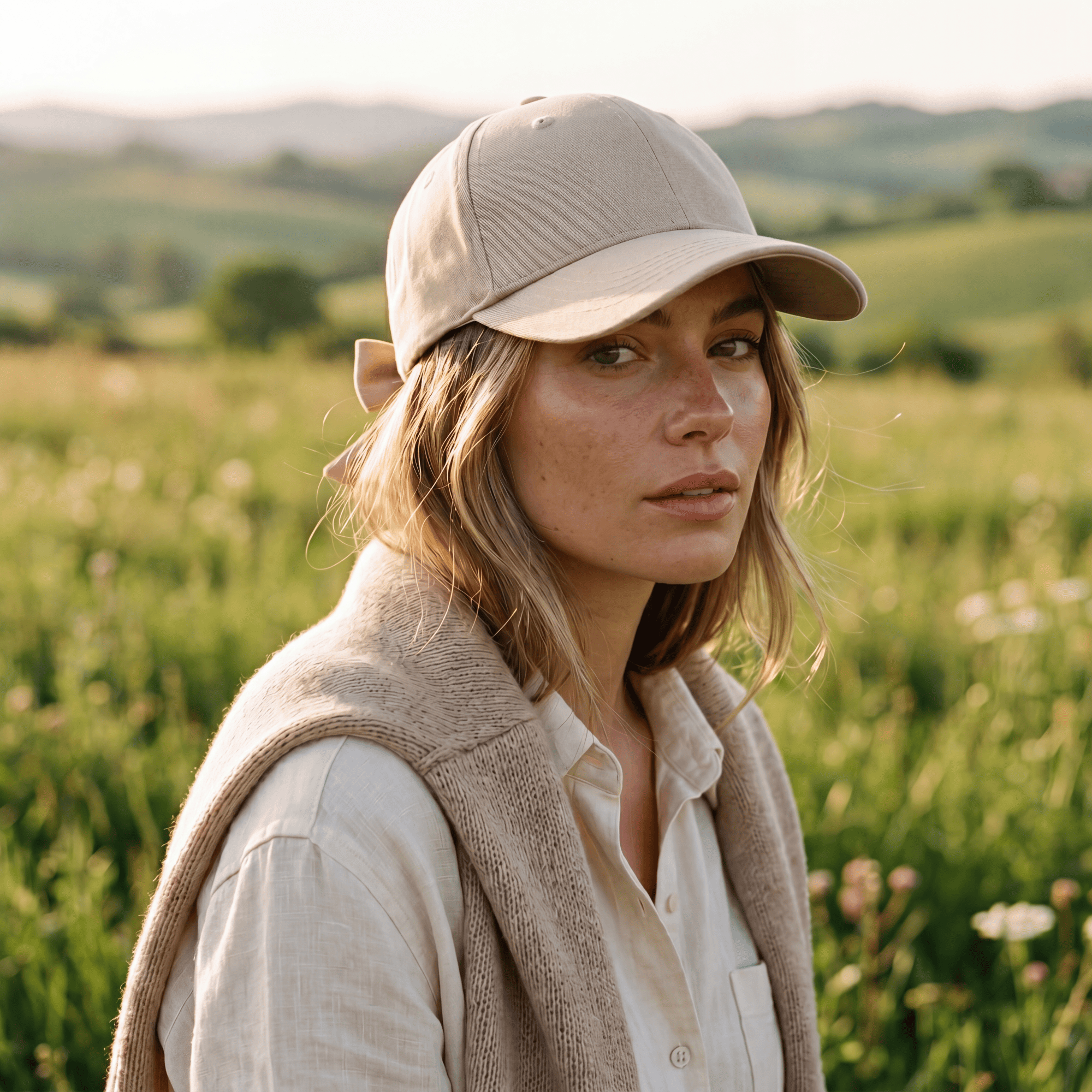 Woman wearing a beige cap and vest standing in a field with a scenic background