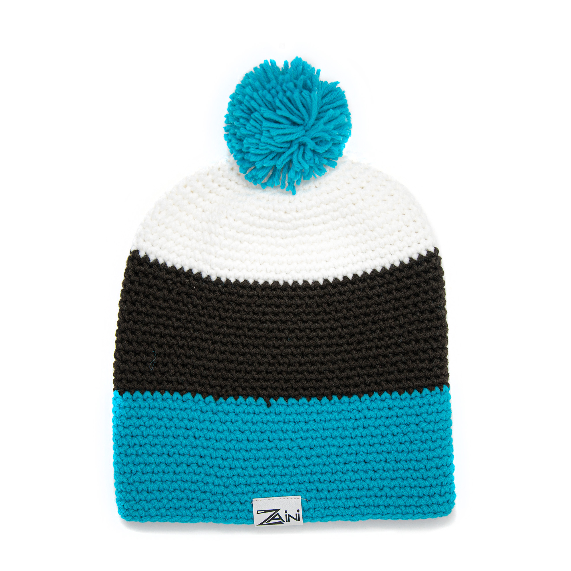 A striped bobble hat with a blue pom-pom, white and brown bands, and a black brim.