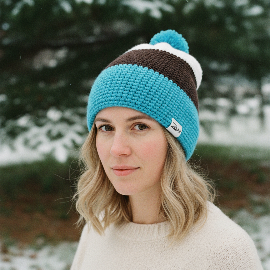 Person wearing a blue and brown striped beanie in a snowy outdoor setting