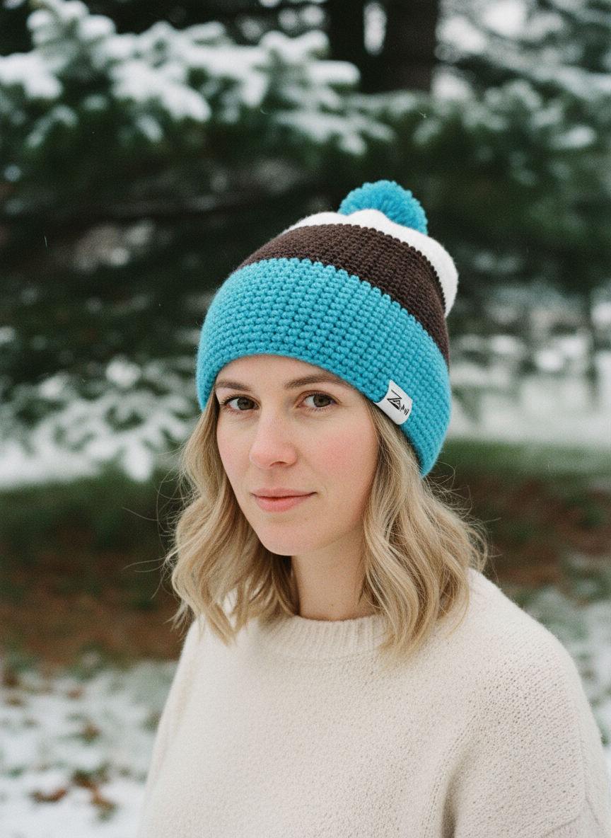 Person wearing a blue and brown striped beanie in a snowy outdoor setting