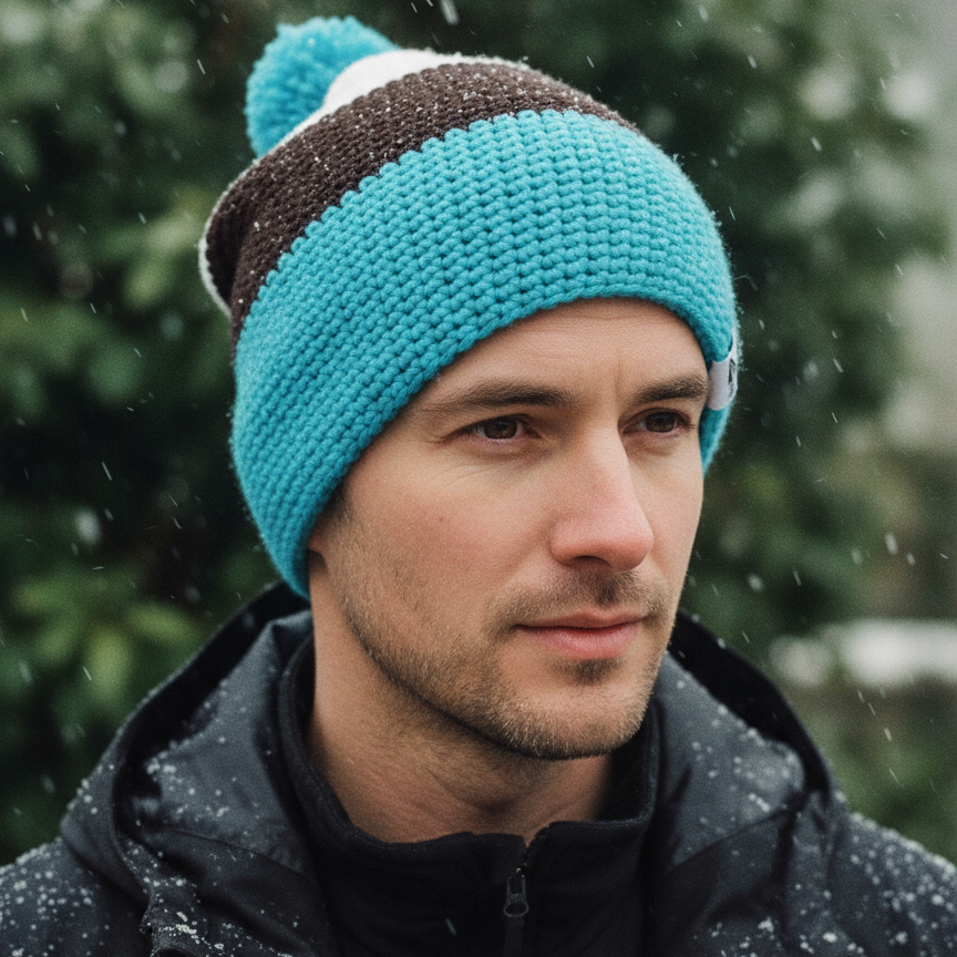 Man wearing a blue knit beanie with a brown band outdoors during snowfall
