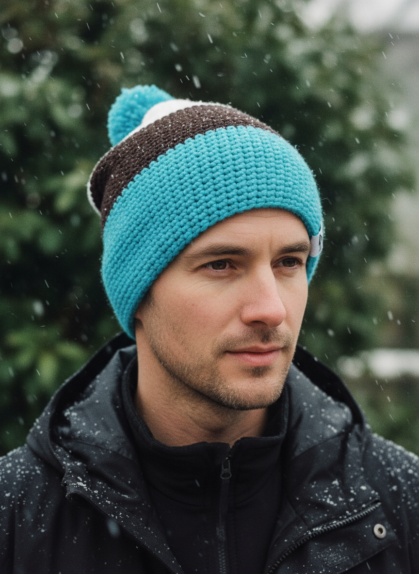 Man wearing a blue knit beanie with a brown band outdoors during snowfall