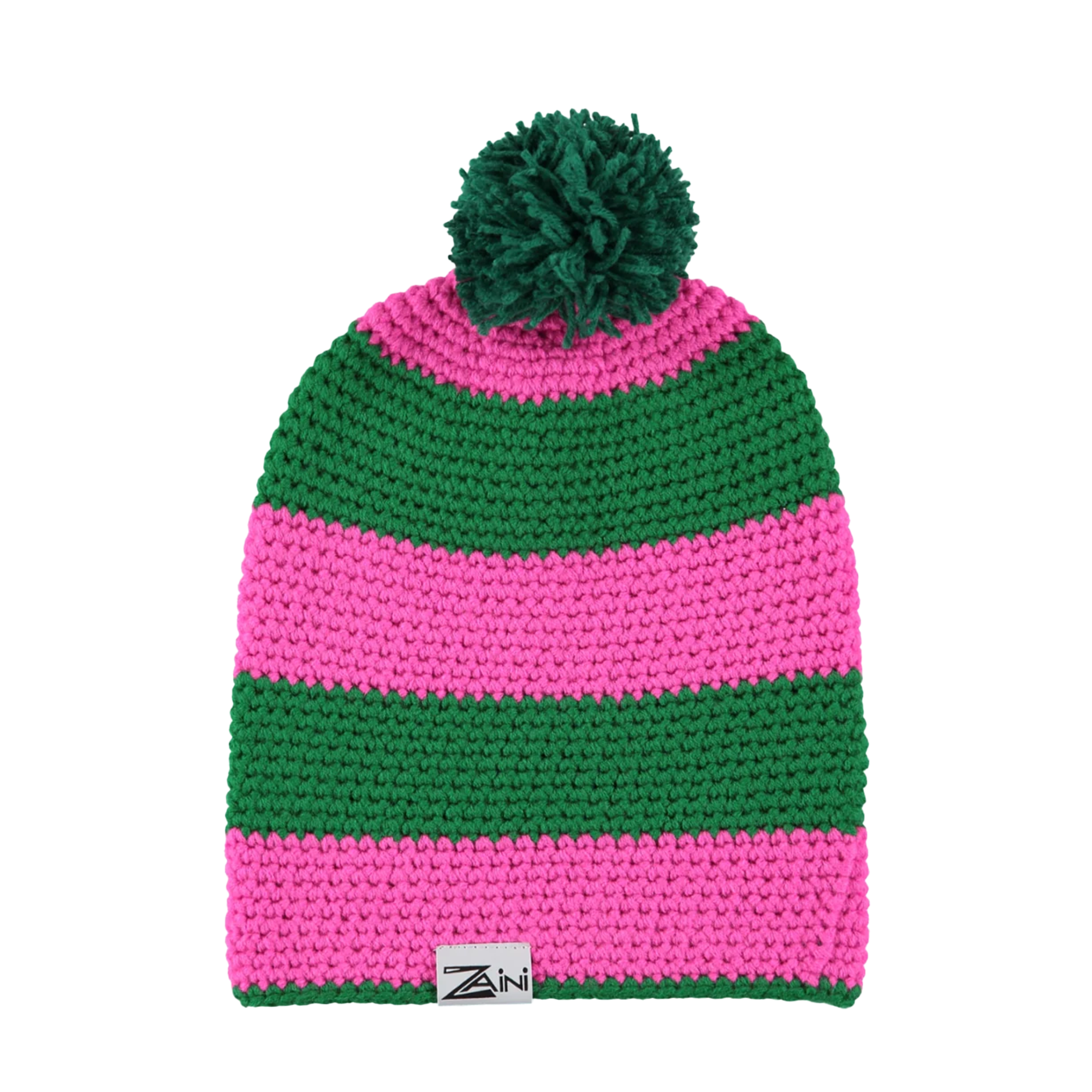 A striped bobble hat with green and pink colors, handmade from soft acrylic, with a pom-pom on the top.