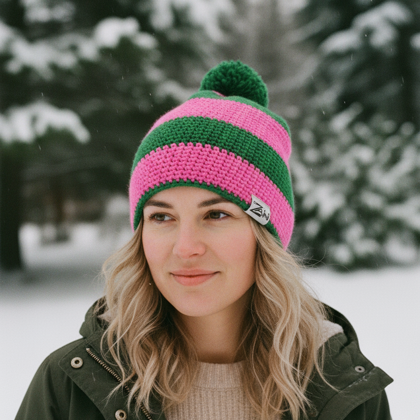 Person wearing a pink and green knit beanie in a snowy landscape