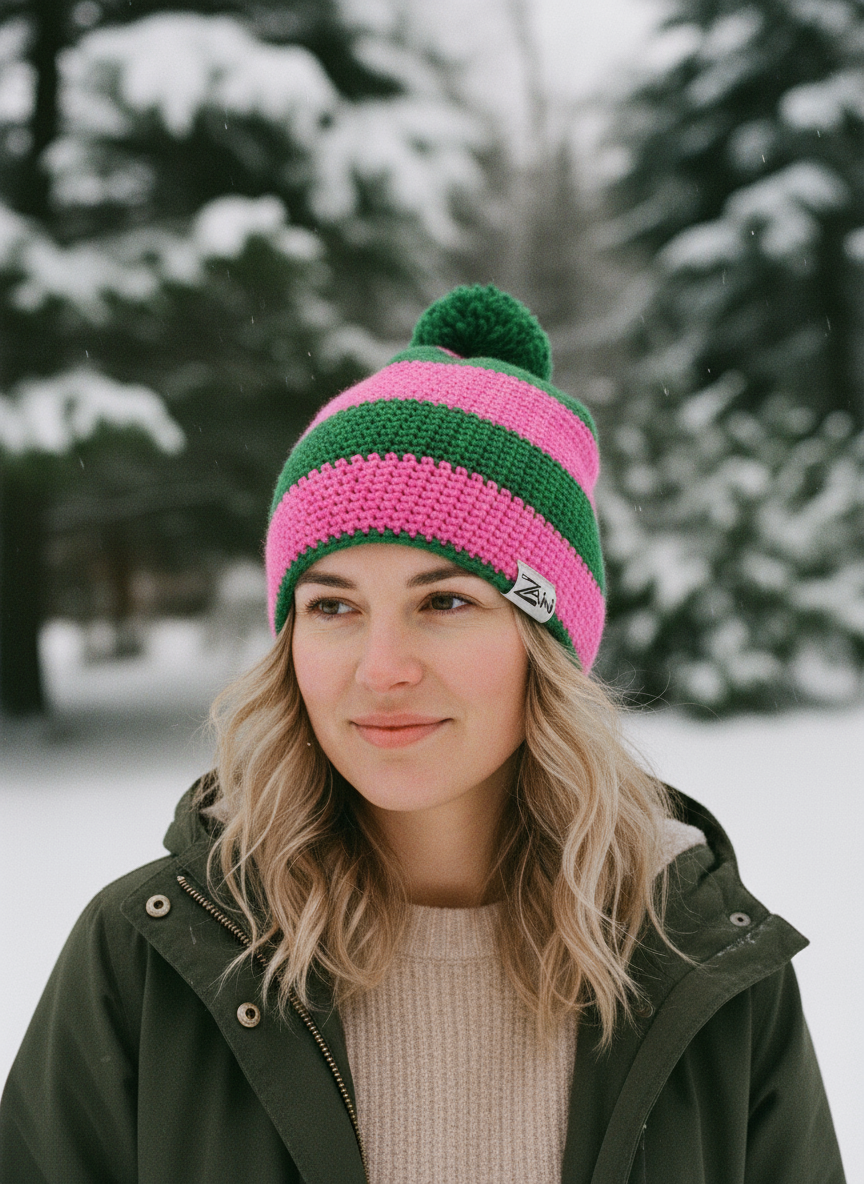 Person wearing a pink and green knit beanie in a snowy landscape