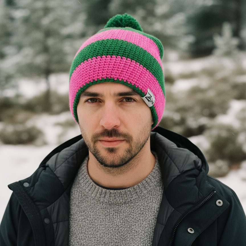 Man wearing a pink and green striped beanie in a snowy forest