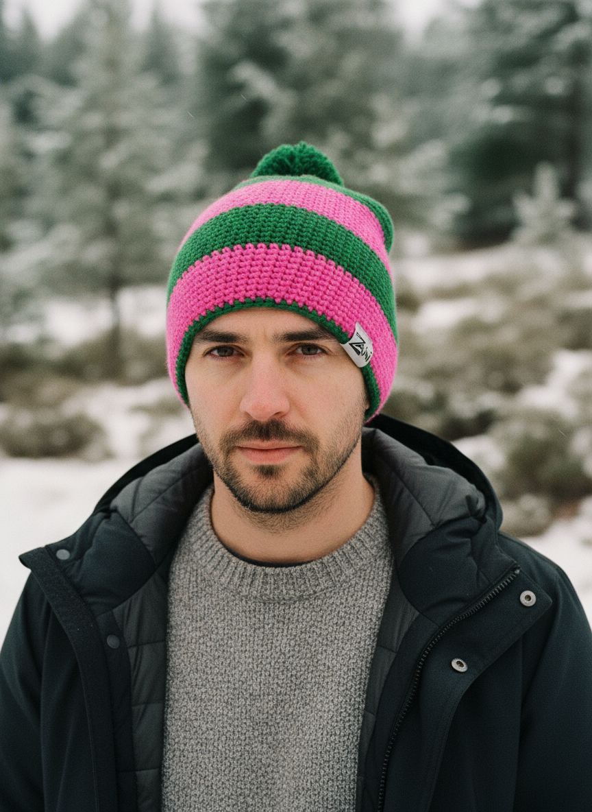 Man wearing a pink and green striped beanie in a snowy forest