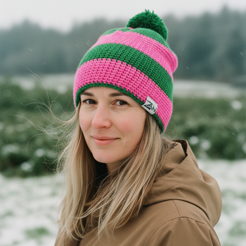 Person wearing a pink and green striped beanie in a snowy landscape
