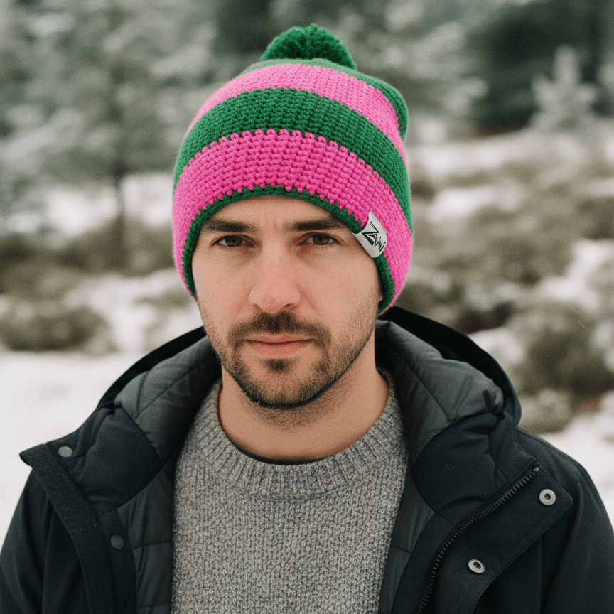 Man wearing a pink and green striped beanie in a snowy forest setting