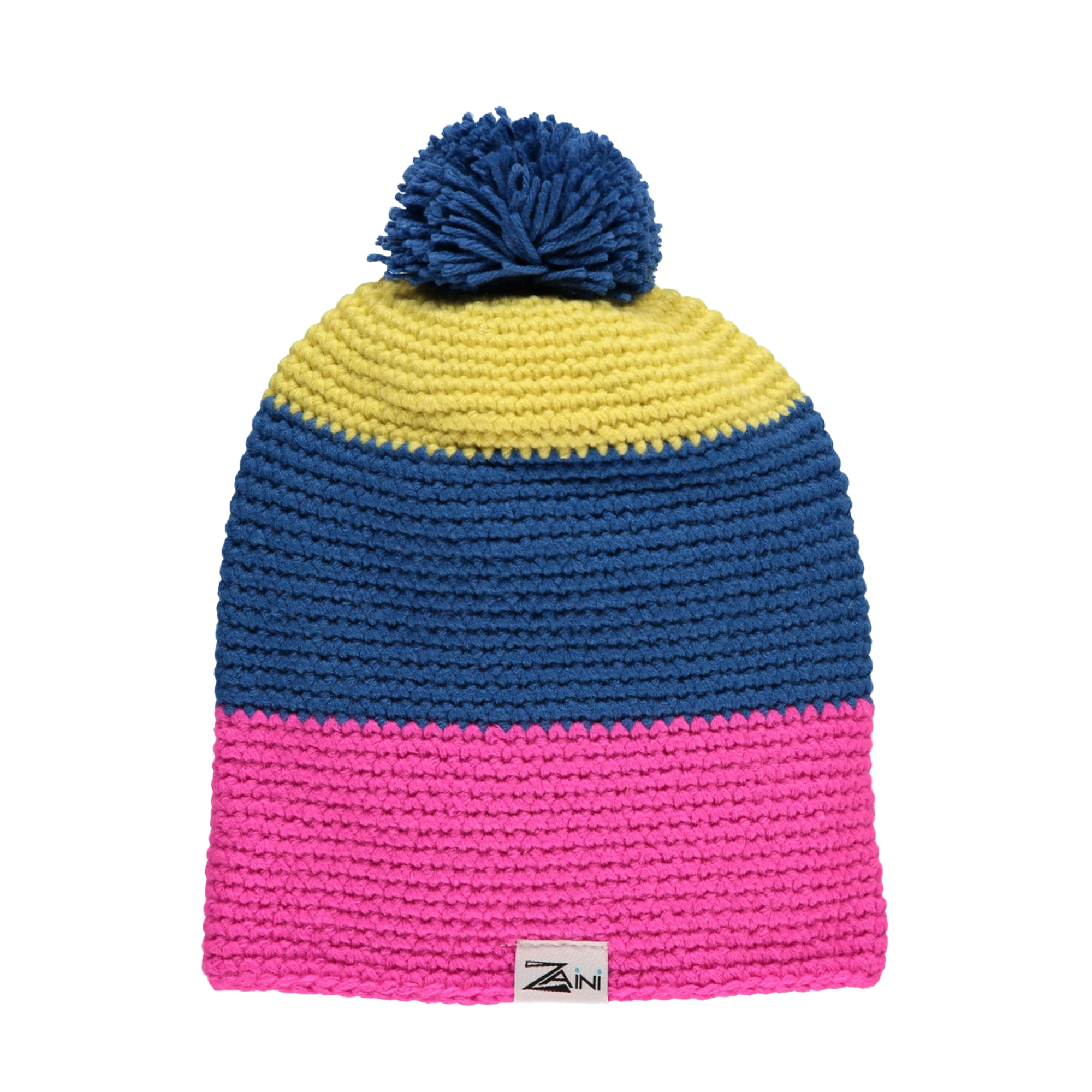 A striped bobble hat with yellow, navy blue, and hot pink colors.
