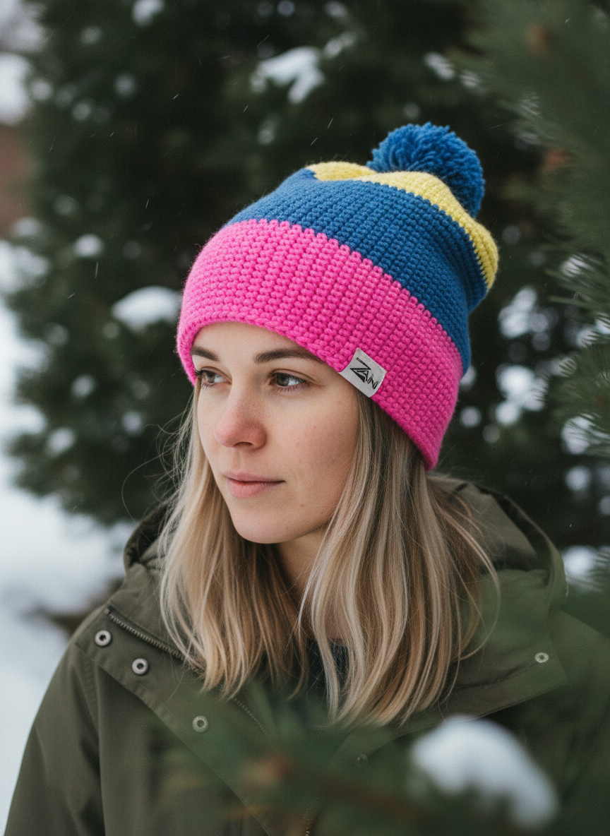 Person wearing a colorful knit beanie with a logo in a snowy outdoor setting