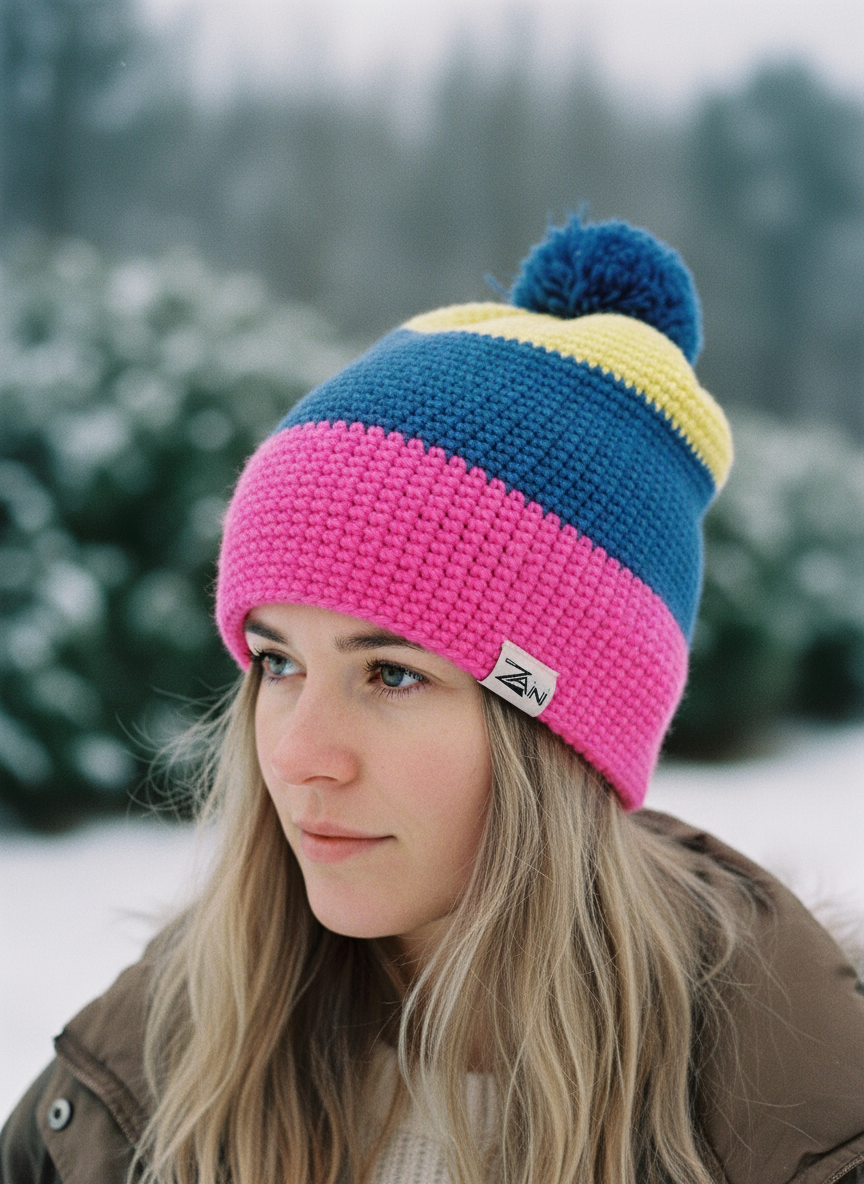 Person wearing a colorful striped beanie with a pom-pom in a snowy landscape