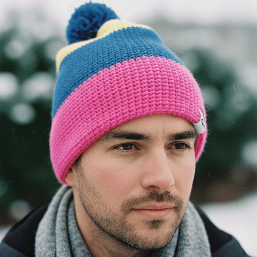 Man wearing a colorful knit beanie and scarf outdoors