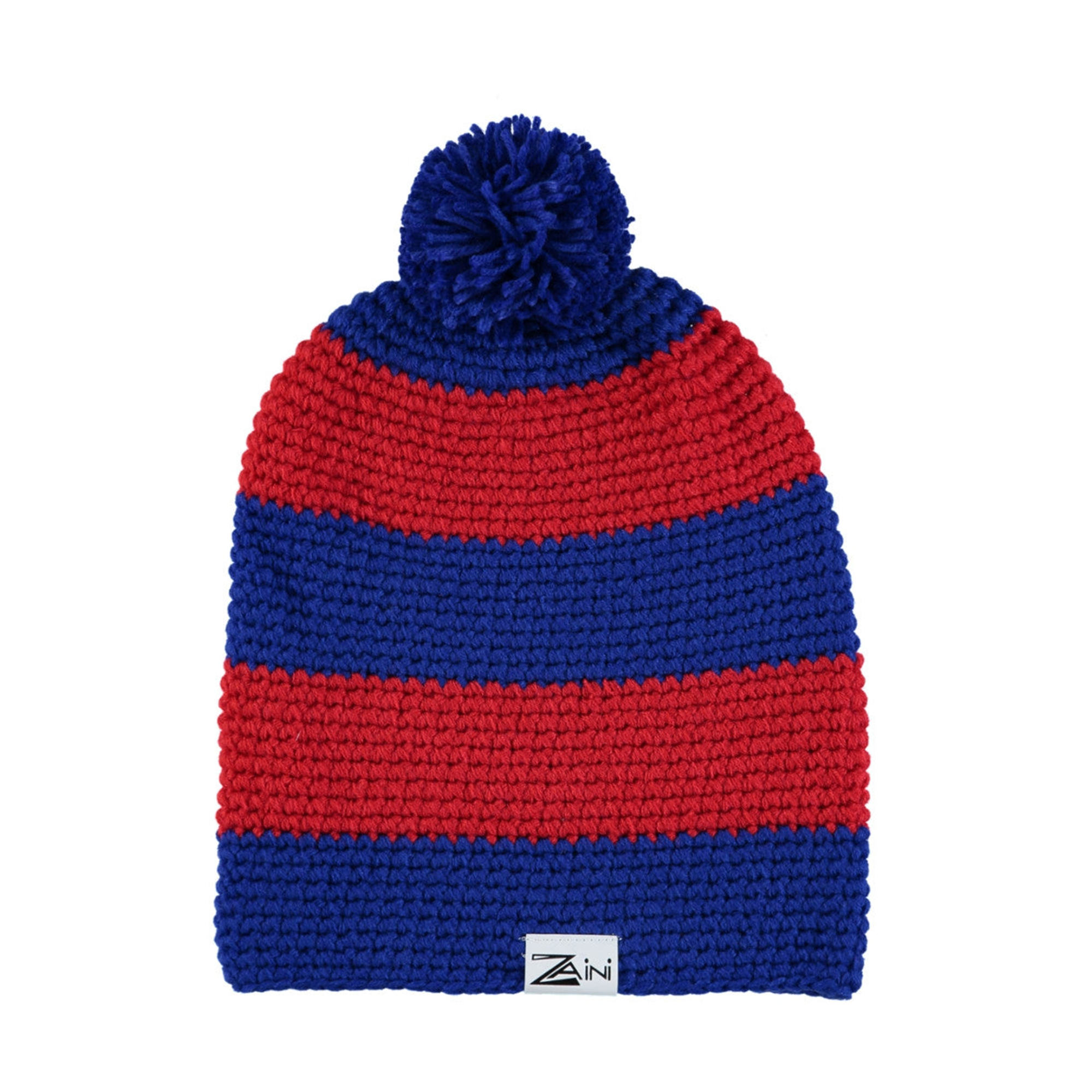 A red and blue striped bobble hat with a pom-pom on top.