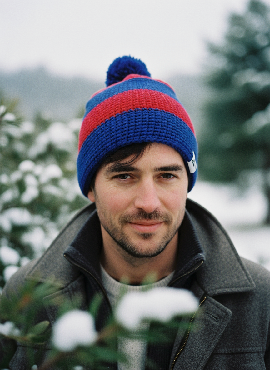 Man wearing a blue and red beanie with a pom-pom, standing outdoors with snow-covered trees in the background.