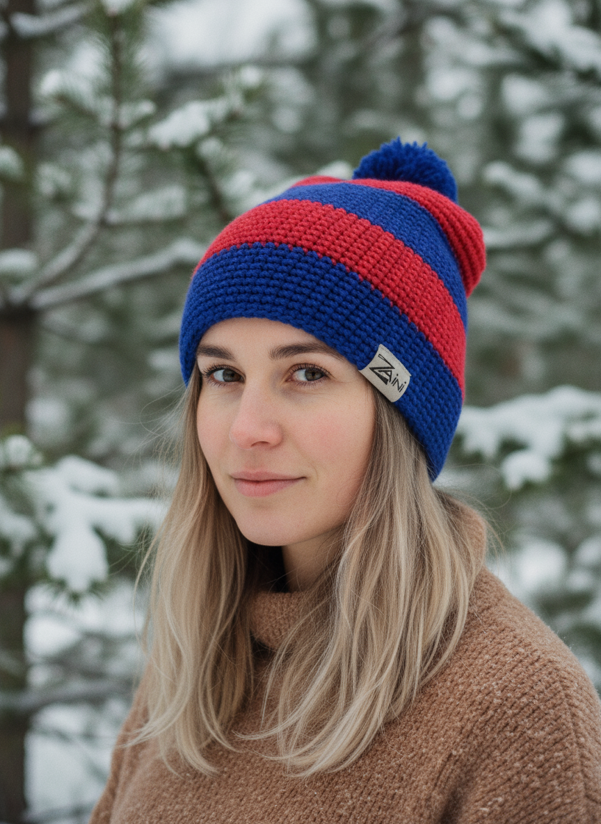 Person wearing a blue and red striped beanie in a snowy forest setting