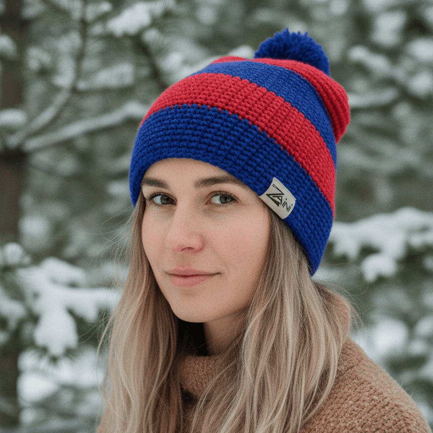 Person wearing a blue and red striped beanie with a logo in a snowy forest setting