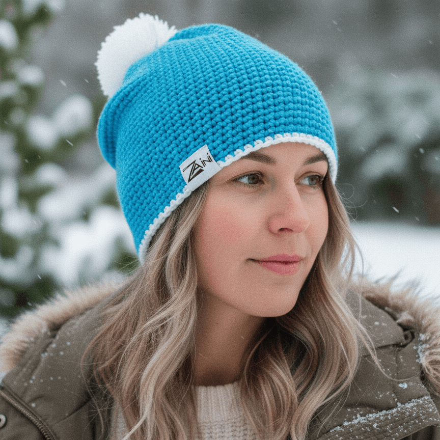 Person wearing a blue knit beanie with a white pom-pom in a snowy outdoor setting