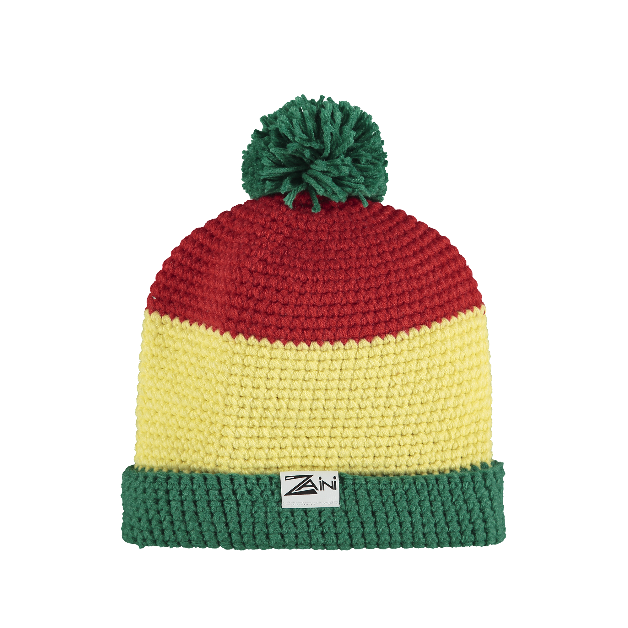 A striped bobble hat with red, yellow, and green colors