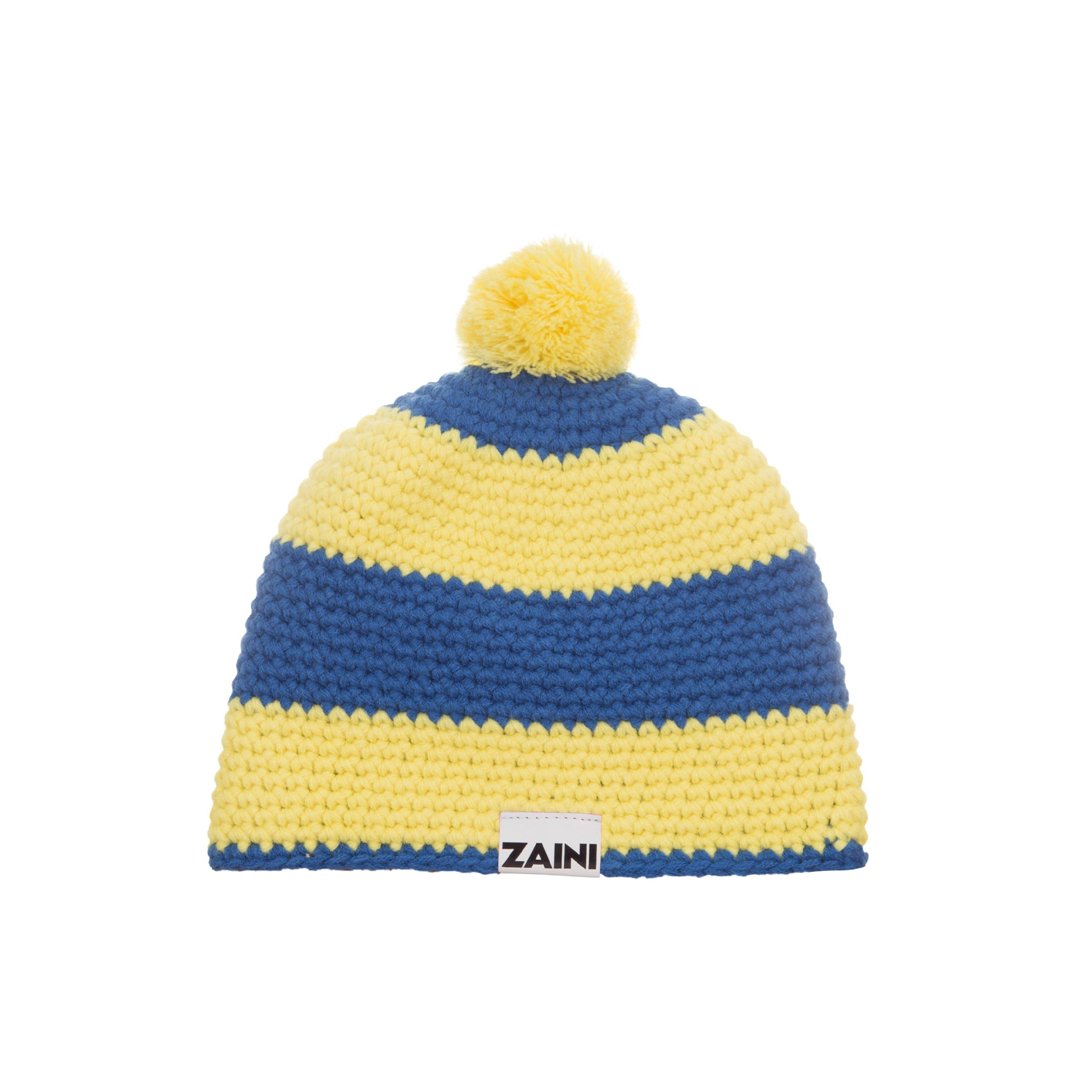 A striped yellow and blue bobble hat with a pom-pom on top, branded with the name 'ZAINI' on the front.