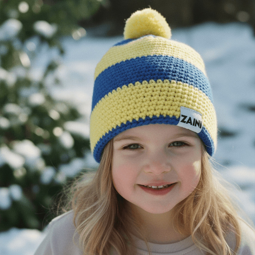 Child wearing a blue and yellow striped knit hat with a pom-pom in a snowy outdoor setting.