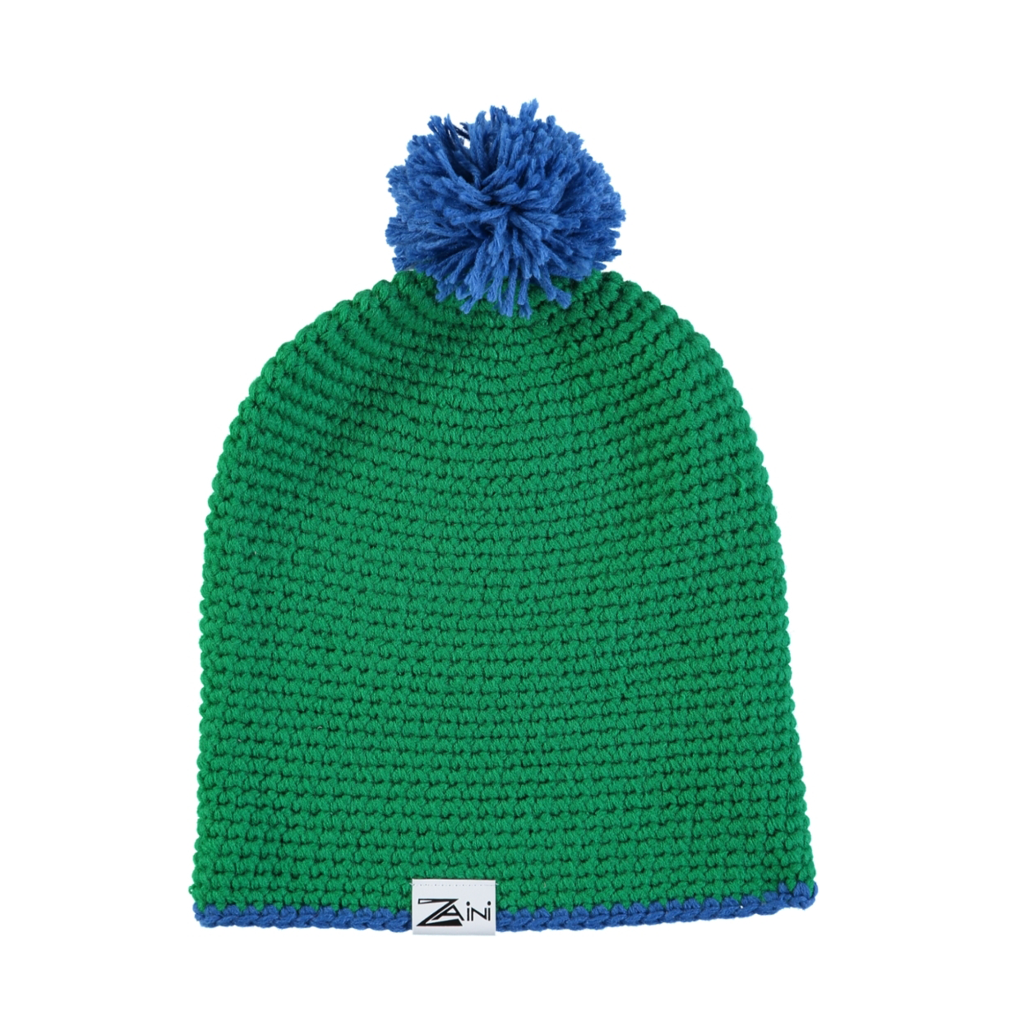A green bobble hat with blue edge trim and a blue pom-pom on top.