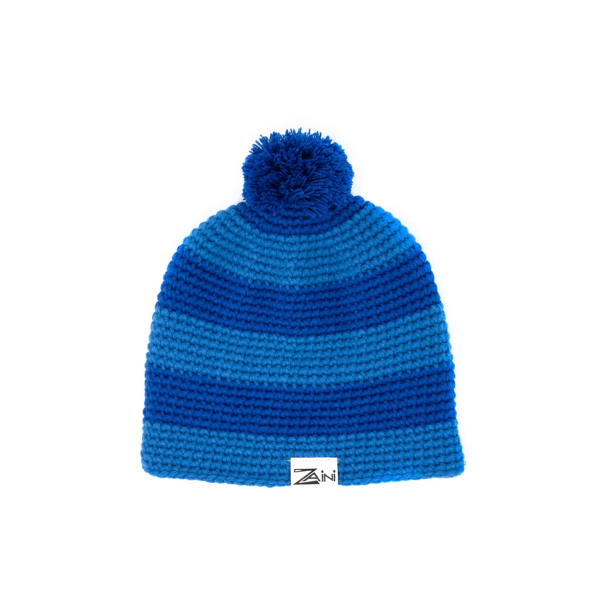 A two-tone blue kids' bobble hat with a striped pattern and a pom-pom on the top.