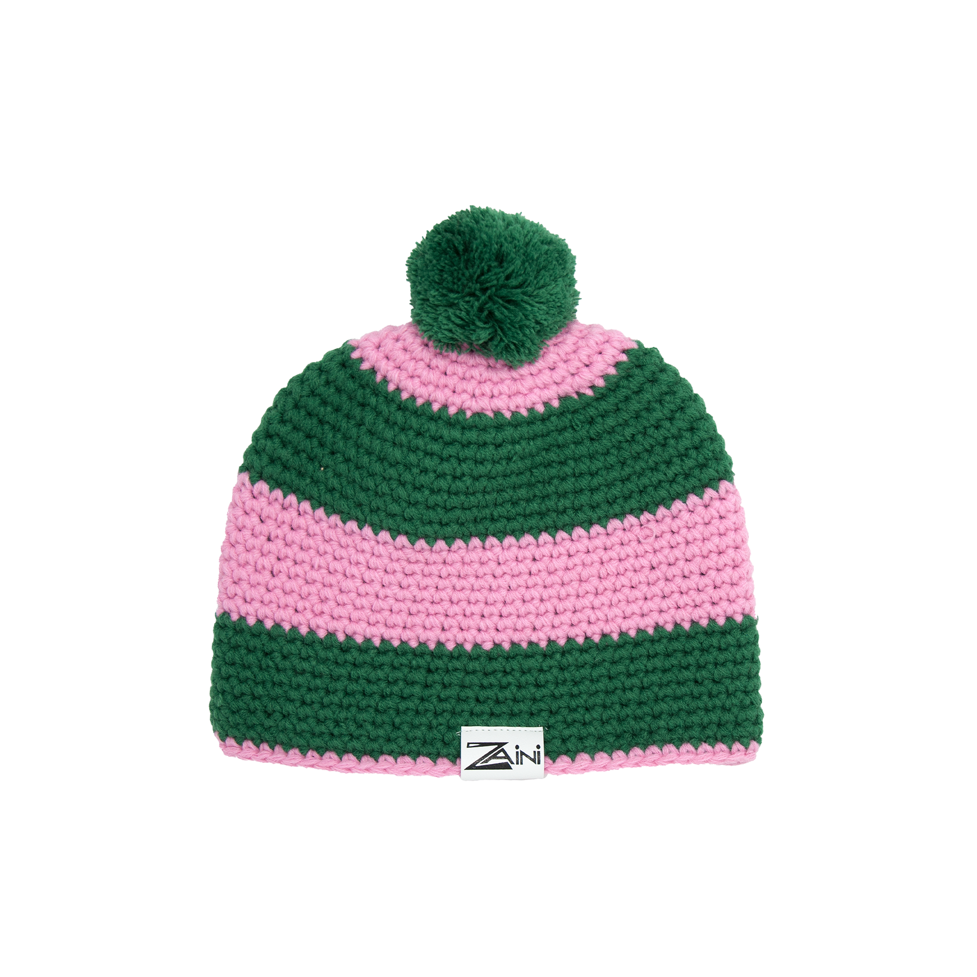A striped pink and green bobble hat with a pom-pom on the top, made from acrylic, designed for children.