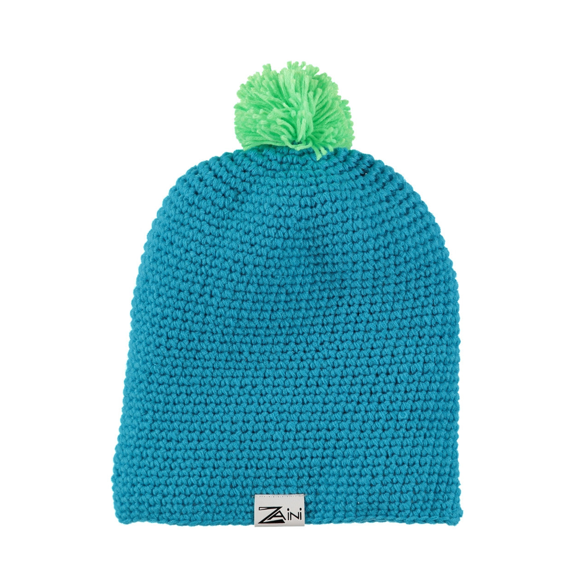 A turquoise blue bobble hat with a green pom-pom on top, displayed against a plain background.