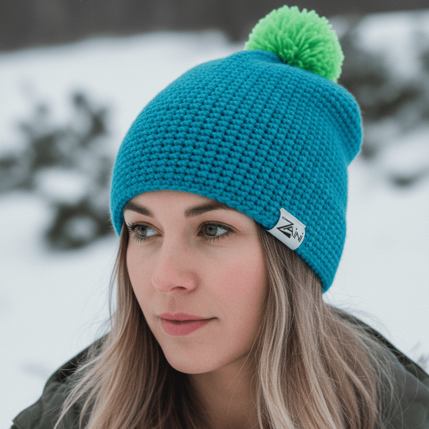 Woman wearing a blue knit beanie with a green pom-pom in a snowy landscape