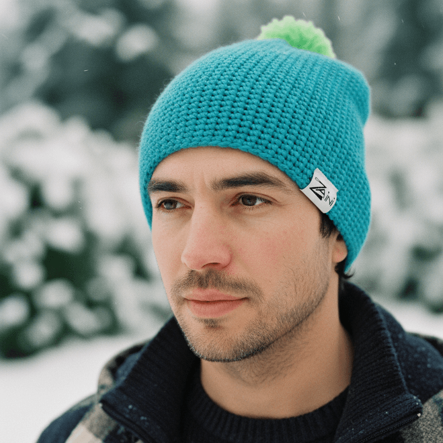 Man wearing a blue knit beanie with a logo in a snowy outdoor setting