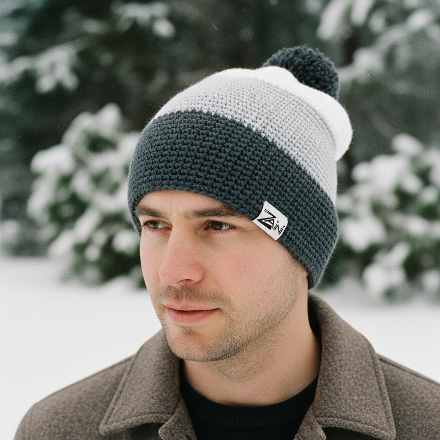 Man wearing a two-tone beanie with a logo in a snowy outdoor setting