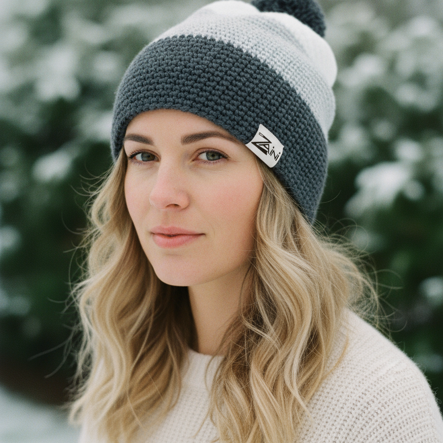 Woman wearing a knitted beanie with a brand logo in a snowy outdoor setting
