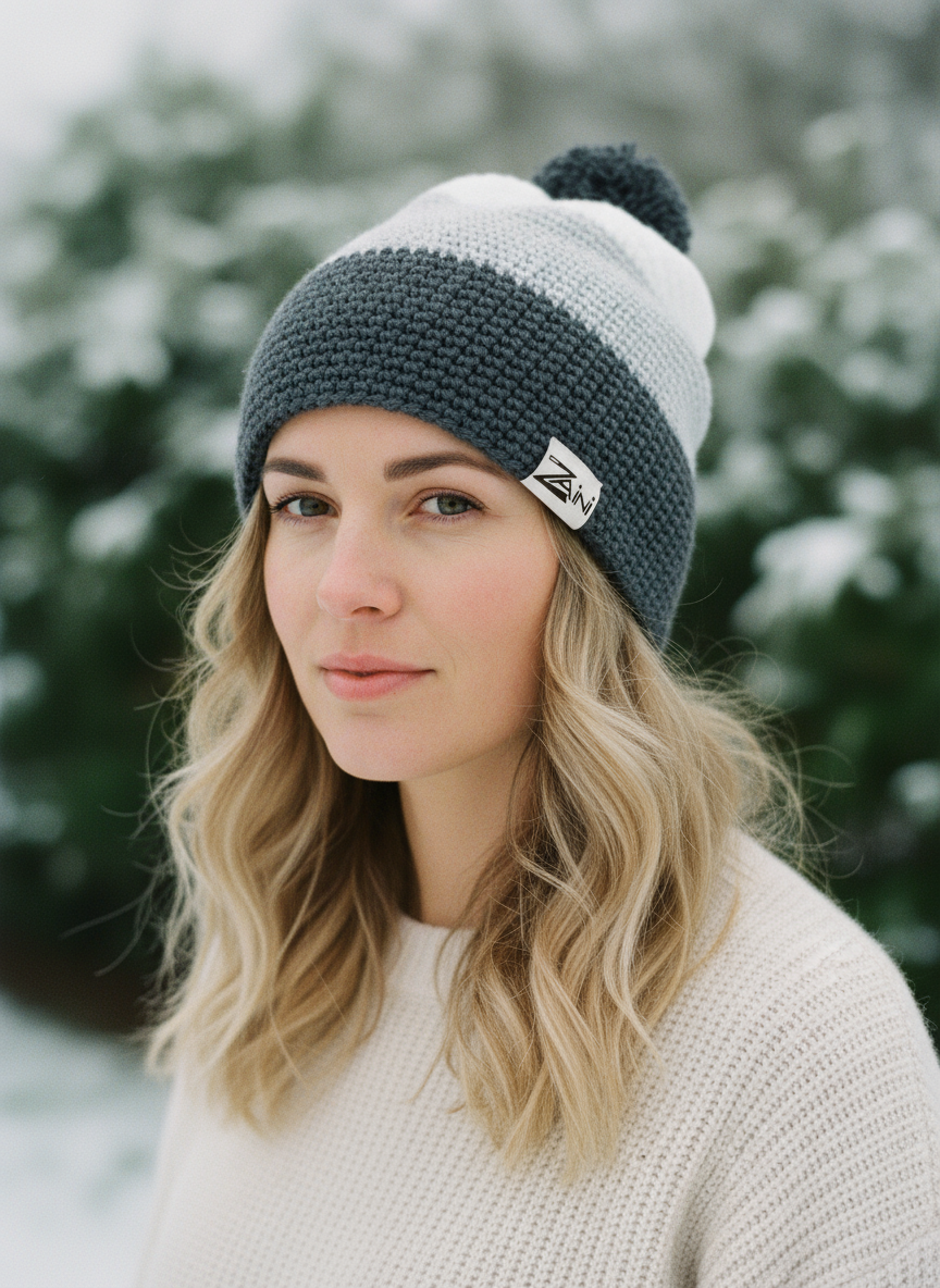 Woman wearing a knitted beanie with a brand logo in a snowy outdoor setting