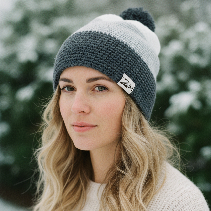 Woman wearing a knitted beanie with a brand logo in a snowy outdoor setting