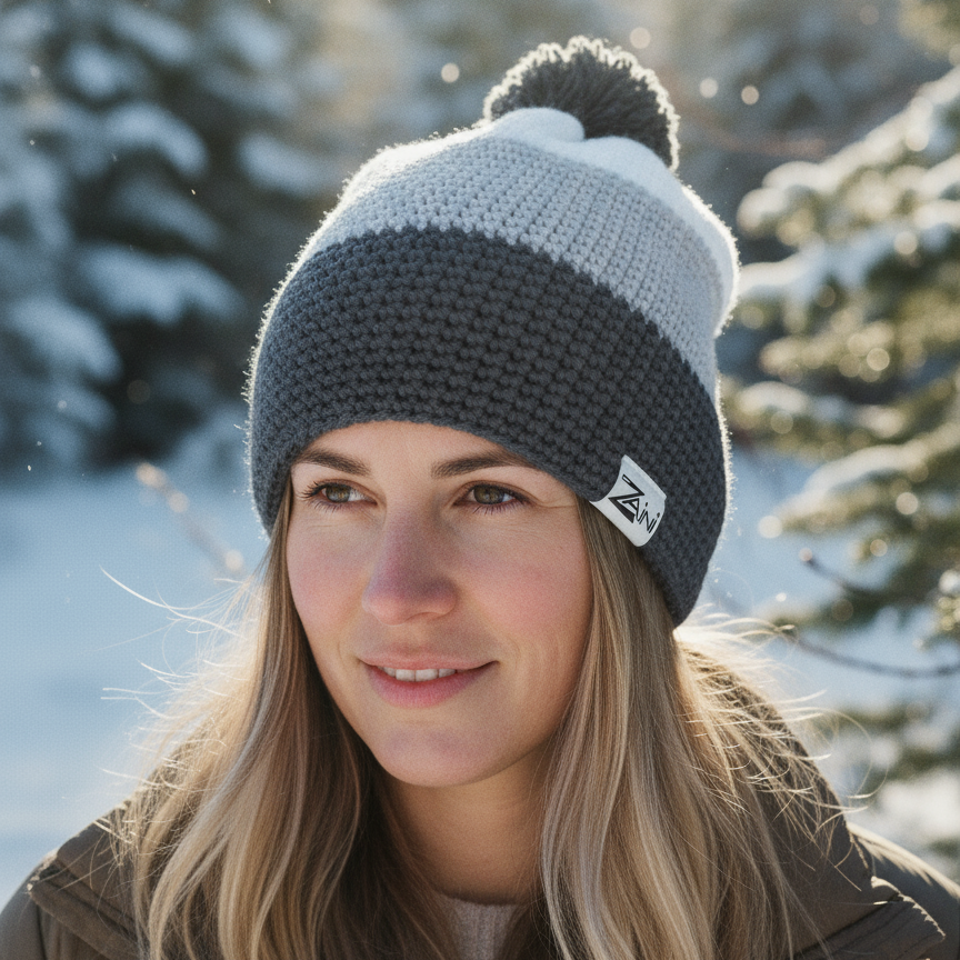 Woman wearing a two-tone beanie with a logo in a snowy outdoor setting
