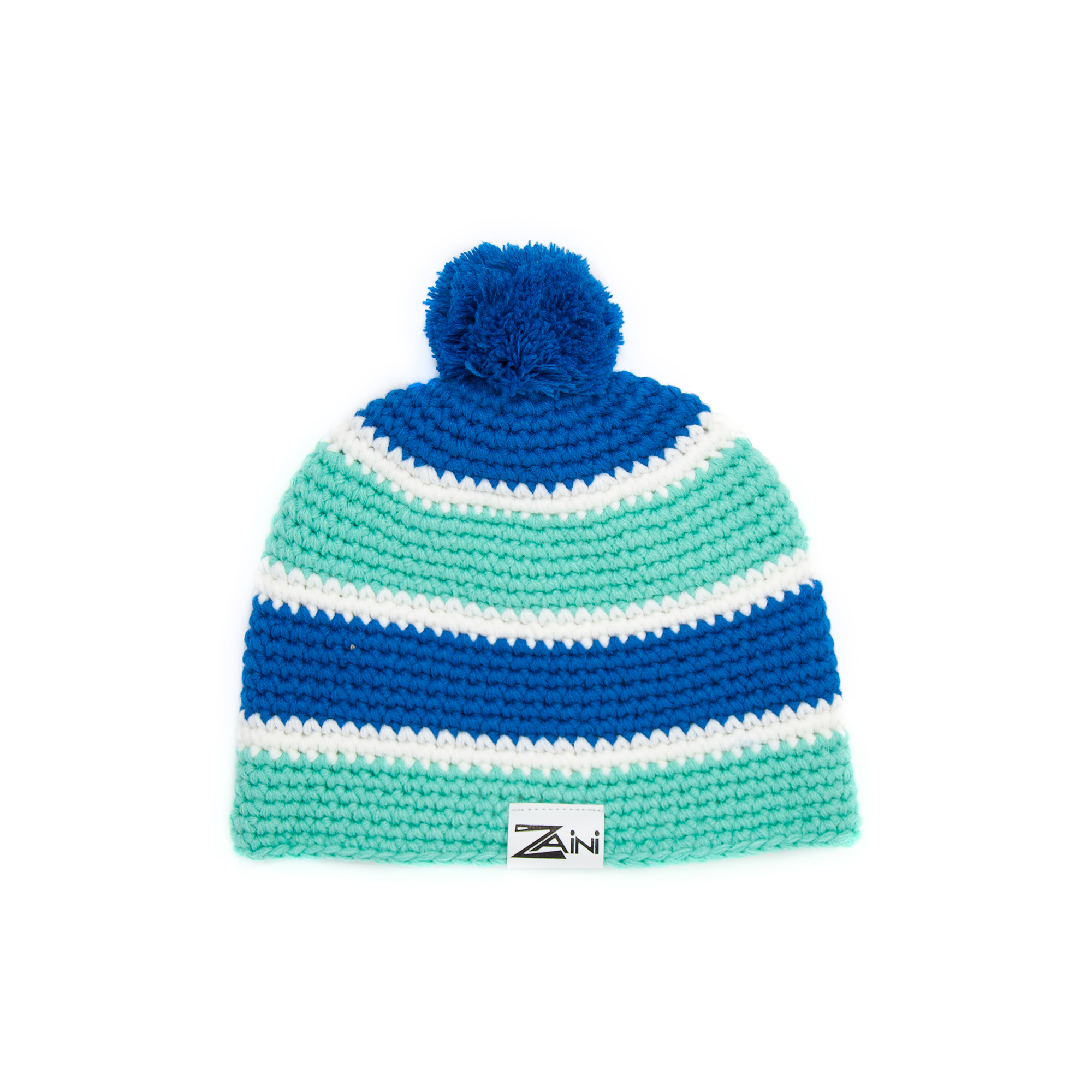 A striped kids' bobble hat with blue, turquoise, and white colors, handmade from soft acrylic, with a pom-pom on top.