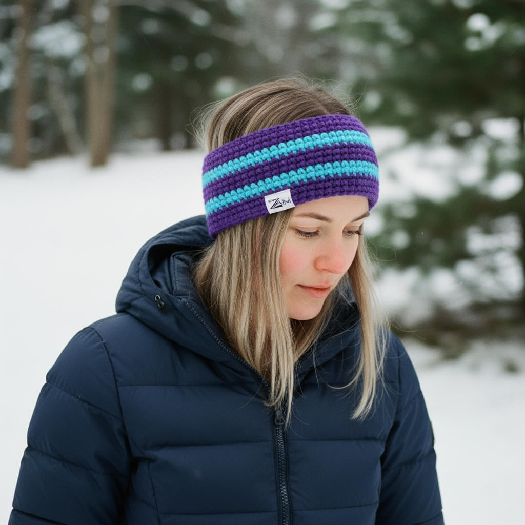 Zaini Forth purple and light blue crocheted headband