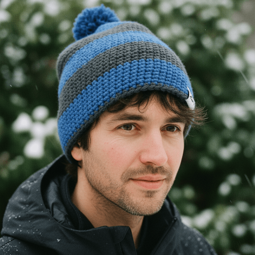 Man wearing a blue and gray striped knit beanie in a snowy outdoor setting